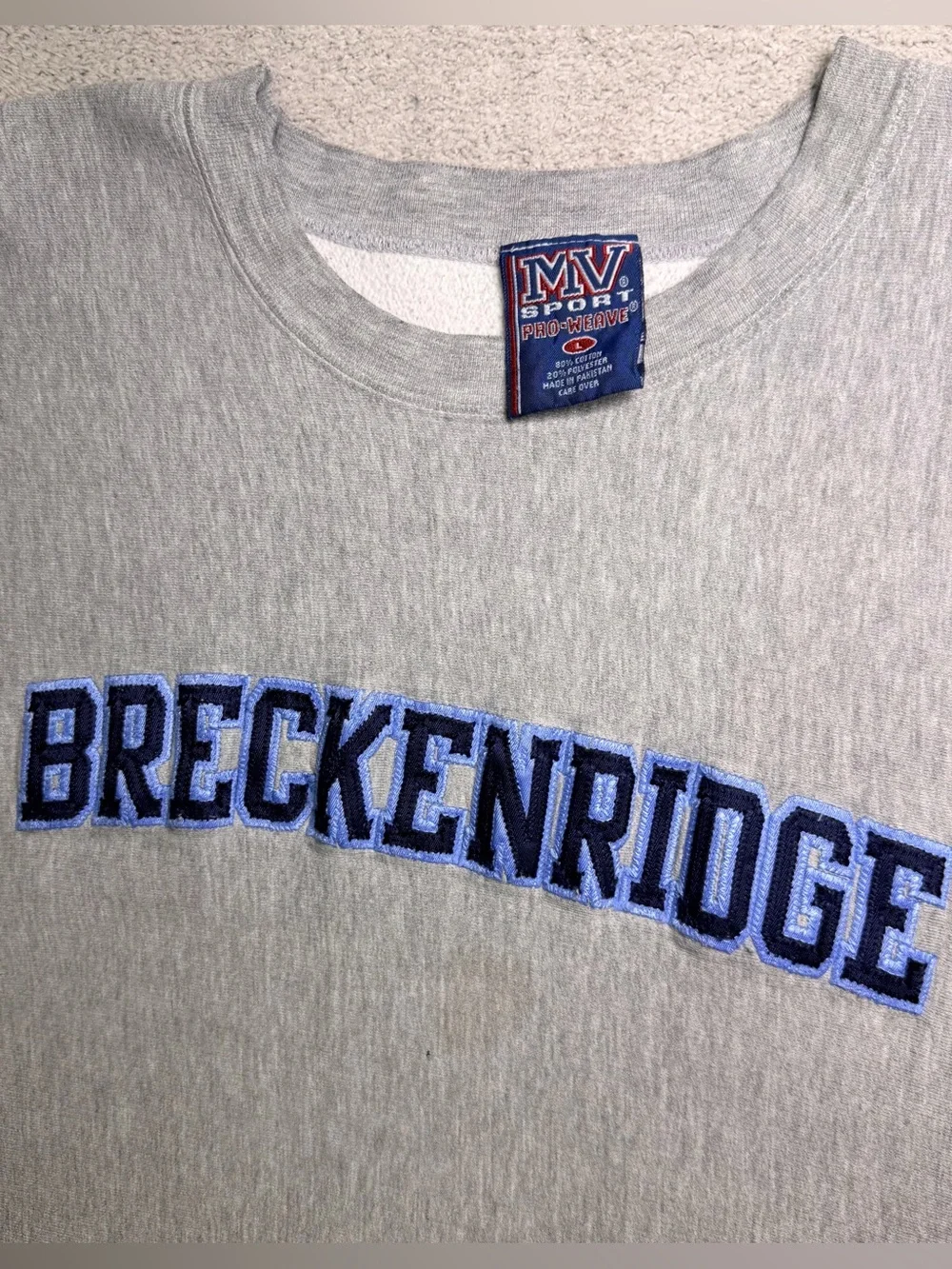 MV Sport Gray Crewneck Sweatshirt with Navy 'BRECKENRIDGE' Embroidery